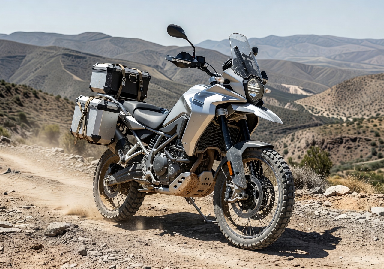 Tall suspension adventure motorcycle in silver