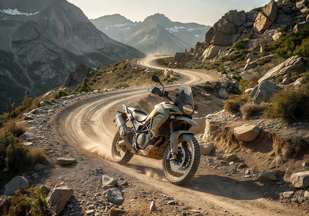 Adventure motorcycle on a dirt mountain trail