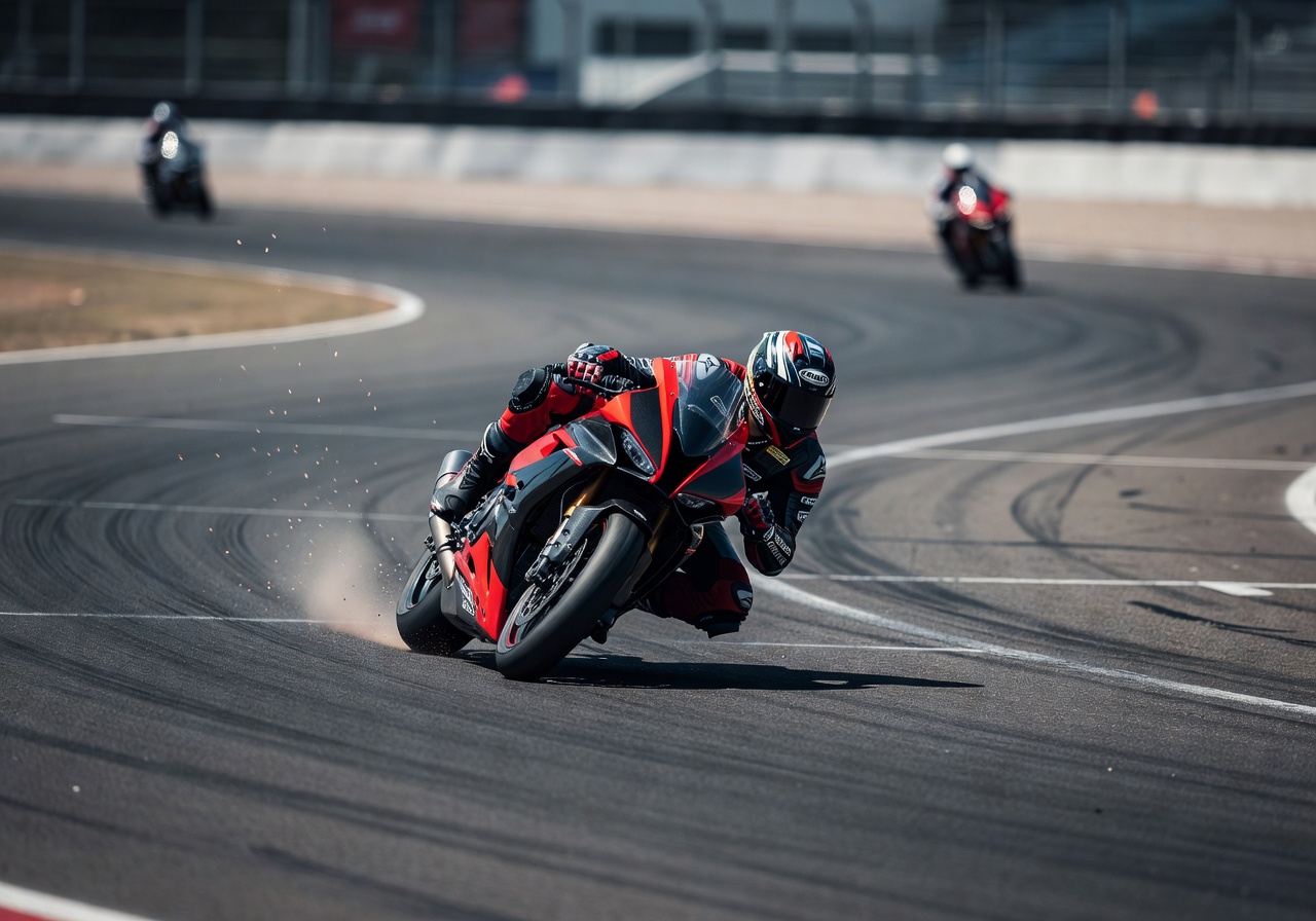 Rider leaning into a corner on a sport bike