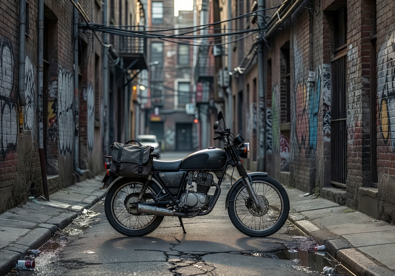 Urban commuter motorbike parked in a city alley