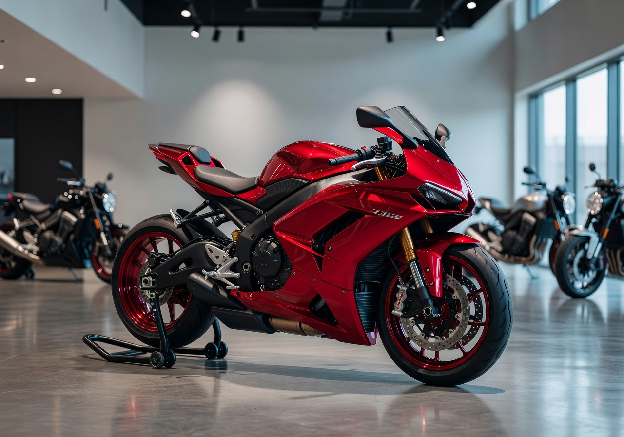 Red Sport Motorbike parked in a showroom