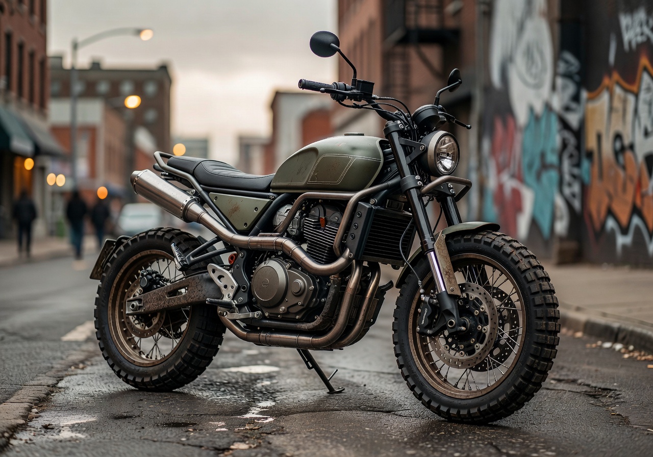 Custom urban scrambler motorcycle with knobby tires