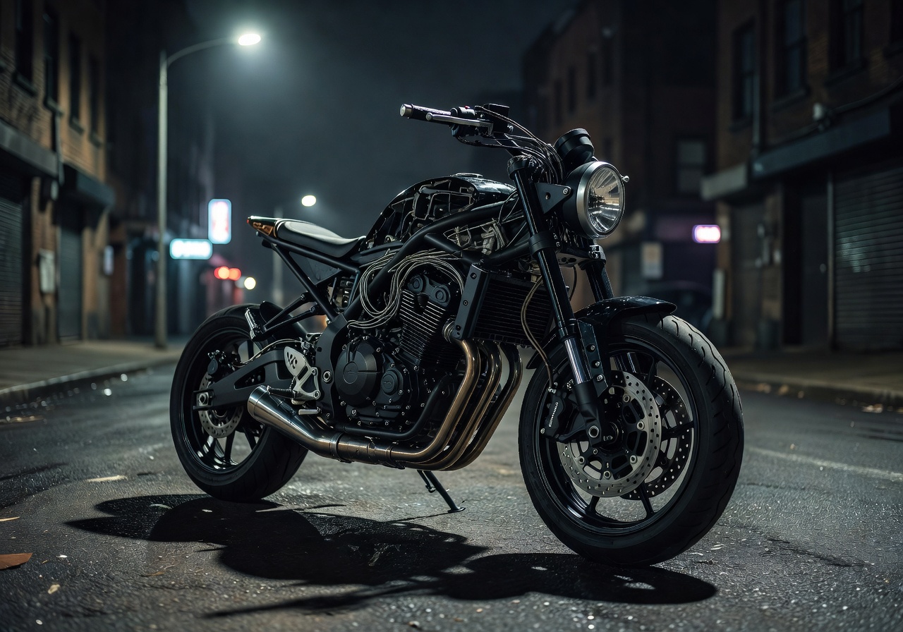 Naked Street Motorbike with exposed engine mechanics