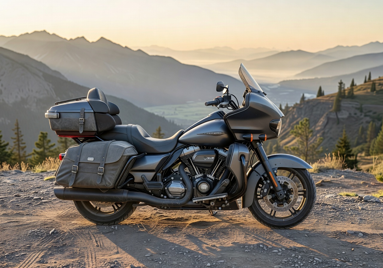 Large grey touring motorcycle with saddlebags